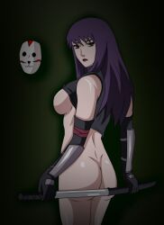 almost_naked anbu arm_gloves arm_guards ass bare_ass bare_legs bare_shoulders barely_clothed big_ass big_breasts breasts from_behind gloves holding_object holding_weapon kunoichi light-skinned_female light_skin lipstick looking_at_viewer looking_back makeup mask matching_hair/eyes mostly_nude naruto naruto_(series) naruto_shippuden ninja nipples no_bra no_panties paipan pale-skinned_female pale_skin purple_eyes purple_hair shirt shirt_lift sleeveless sleeveless_shirt sonicx unmasked uzuki_yuugao weapon