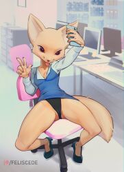 2021 absurd_res aggressive_retsuko anthro blouse breasts canid canine cellphone chair claws clothing computer feliscede female fennec fenneko footwear fox furniture gesture hi_res mammal office office_chair office_lady on_chair panties partially_visible_vulva phone pussy red_eyes sanrio selfie shirt shoes sitting sitting_on_chair smartphone solo straight_hair table tongue tongue_out topwear underwear v_sign white_clothing white_shirt white_topwear