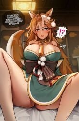 animal_ears blue_eyes blush breasts brown_hair cum cum_in_pussy dog_ears dog_tail english_text female foxy_rain_(foxyreine) foxyrain_(foxyreine) foxyreine genderswap_(mtf) genshin_impact gorou_(genshin_impact) highres large_breasts long_hair looking_at_viewer ms_hina_(genshin_impact) rule_63 sex sitting speech_bubble spread_legs tail