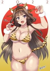 2022 alternate_costume animal_ears animal_print aoi_manabu bangs bikini blush breasts brown_hair chinese_zodiac claw_pose commentary_request dated double_bun eyebrows_visible_through_hair female fur_trim headgear kantai_collection kongou_(kantai_collection) large_breasts long_hair oerba_yun_fang purple_eyes signature simple_background solo sweat swimsuit tail tiger_ears tiger_print tiger_tail upper_body very_long_hair year_of_the_tiger