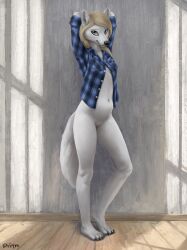 2022 anthro black_nose blonde_hair breasts canid canine clothed clothing detailed_background difetra digital_media_(artwork) feet female fur genitals hair hi_res looking_at_viewer mammal pussy smile solo toes white_body white_fur