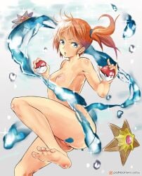 armpit_peek artist_name asymmetrical_hair bangs bare barefoot blue_eyes blush breasts clavicle completely_nude completely_nude_female eyebrows_visible_through_hair eyelashes fanart feet female female_only hair_between_eyes hair_ornament hair_tie high_resolution holding holding_object holding_poke_ball kasumi_(pokemon) knees legs looking_at_viewer midriff nintendo nipples nude nude_female open_mouth orange_hair patreon_logo patreon_username pink_lips pink_nipples poke_ball pokemon pokemon_(anime) pokemon_(game) pokemon_rgby ponytail short_hair side_ponytail signature simple_background small_breasts smile soles solo starmie staryu stomach teenage teenager tied_hair toes vagina very_high_resolution water yo-nashi young