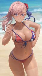 1girls 2022 absurd_res american_flag_bikini asymmetrical_hair beach belly_button bikini bikini_top_pull blue_eyes breasts fate/grand_order fate_(series) female female_only hair_ornament hand_on_hip hi_res hips huge_breasts long_hair looking_at_viewer miyamoto_musashi_(fate) miyamoto_musashi_(swimsuit_berserker) outdoors pink_hair png slim_waist smile tan_lines tanlines thick_thighs thighs very_high_resolution water wide_hips yohan1754