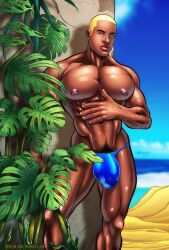 1boy 2d african african_male beach big_bulge big_cock big_penis blonde_hair bulge byron_durand class_comics dark-skinned_male dark_skin huge_bulge huge_cock huge_penis looking_at_viewer male male_only melanin muscles muscular muscular_male patrick_fillion pierced_nipples solo space_cadet thong