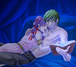 aozora_kyuuji arm_around_back armlet bed belt between_legs blush book ced_(fire_emblem) dress female fire_emblem fire_emblem:_genealogy_of_the_holy_war green_eyes green_hair hair_ribbon hair_ribbons hand_on_another's_chest hand_on_chest holding_object lying male nipple on_back on_front on_person open_mouth pants parted_lips pillow purple_hair reading source_not_archived tine_(fire_emblem) topless