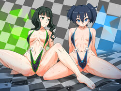 black_rock_shooter blue_eyes curly_hair green_eyes jt_dong-agyoku kuroi_mato long_hair looking_at_viewer midriff navel short_hair sling_bikini spread_legs swimsuit takanashi_yomi tied_hair twintails wet