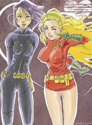 2010 2girls a_bashful_boy batgirl batgirl_(cassandra_cain) batman_(series) blonde_hair blue_eyes cassandra_cain dc dc_comics female female_only multiple_girls purple_hair pussy robin_(dc) robin_(stephanie_brown) stephanie_brown wink