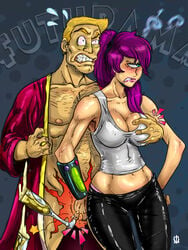 1_eye 1boy 1girls ball_grab ballbusting blonde_hair breast_grab cbt champagne champagne_flute chest_hair clenched_teeth cock_and_ball_torture erect_nipples erect_nipples_under_clothes flying_sweatdrops futurama green_eyes hairy open_robe pained_expression purple_hair squeezing_breast tagme turanga_leela zapp_brannigan