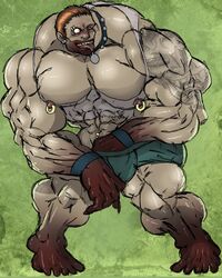 abs bands biceps blood blood_stain brown_hair calves collar deformed feet green_background huge_muscles hyper hyper_muscles jockey jockey_(left_4_dead_2) left_4_dead_2 male_only muk100 muscular muscular_arms muscular_legs muscular_male nipple_piercing nipple_rings nipples pecs penis_grab piercing ridiculous_proportions shiny shorts tank_top tattoo torn_clothing torn_shirt