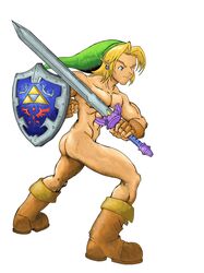 abs ass biceps big_muscles blonde_hair boots ear_piercing elf gauntlets hat holding_object holding_weapon hylian_shield link link_(ocarina_of_time) male male_only master_sword mostly_nude muscles nintendo ocarina_of_time pecs piercing pointy_ears shield simple_background solo straight_hair sword the_legend_of_zelda white_background