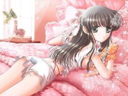 ass bed breasts brown_eyes brown_hair feline female fruits_basket kyo_sohma long_hair looking_at_viewer mouse no_bra pillow sideboob tohru_honda yuki_sohma