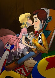 1boy 1girls biting_lip blonde_hair blush bo_peep brown_hair cowboy disney dress female kissing lily-fox pixar toy toy_story toys undressing woody_pride