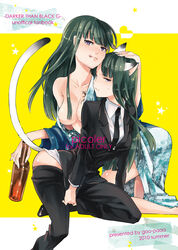 black_eyes black_hair breasts collarbone cover cover_page darker_than_black doujin_cover dual_persona female formal green_hair hand_on_head hazuki_mina_(darker_than_black) japanese_clothes kimono licking_lips meteor_twins mina_hazuki multiple_girls necktie ocha_(oteaaa) open_clothes open_shirt pant_suit pants pants_pull purple_eyes shirt suit sweat tail tattoo yukata yuri