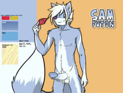 ariffrazalin balls big_nose blue_eyes canine color_scheme condom ear_piercing erection fox hair looking_at_viewer male_only mammal markings model_sheet nipples penis piercing sam_futon smile