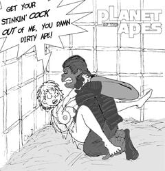 1boy1girl 1girls ape barefoot breasts cheo clothes dialog english_text female fur george_taylor greyscale hair human indoors interspecies male monochrome nipples planet_of_the_apes primate rape rule_63 sex short_hair side_view text torn_clothes zoophilia