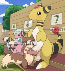 ampharos balls big_balls big_penis blush cloud contest duo_focus erection eyewear female feral flaaffy fluffy fluffy_tail furret glasses group hi_res kalu knife long_penis looking_at_penis male mareep nintendo nude outside penis penis_size_difference pokémon_(species) pokemon pokemon_(species) pussy sky small_penis standing stripes tapering_penis thick_tail tricksta video_games weapon yaoi yellow_skin