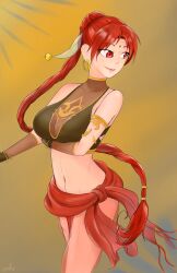 1girls arm_under_breasts bare_midriff breasts cleavage dancer earrings enbu female_only fire_emblem fire_emblem:_the_sacred_stones large_breasts long_hair midriff nintendo ponytail red_eyes red_hair see-through smile solo tethys_(fire_emblem) thighs very_long_hair yellow_background