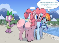 2022 anthro ass big_butt blue_body blue_eyes blush bodily_fluids bulge clothing dialogue dragon english_text equid equine erection female feral friendship_is_magic group hair hasbro horse male mammal motion_lines my_little_pony parumpi pegasus pink_body pink_hair pinkie_pie_(mlp) pony poolside rainbow_dash_(mlp) speech_bubble spike_(mlp) standing sweat swimming_trunks swimwear text wide_hips wings