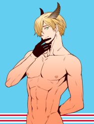 1boy abs axis_powers_hetalia blonde_hair gloves green_eyes horns looking_at_viewer luxembourg_(hetalia) muscles muscular muscular_male naughty_face nipples nude