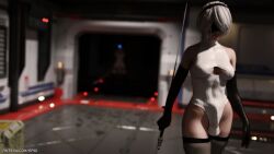 1futa 3d balls balls_under_clothes blindfold breasts bulge clothing futa_only futanari hairband intersex light-skinned_futa light_skin nier nier:_automata penis penis_under_clothes squarepeg3d standing testicles thighhighs white_hair yorha_2b