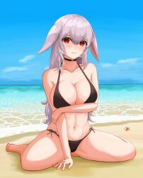 absurdres animal_ears bangs barefoot beach bikini black_bikini black_choker blue_sky blush breasts bunny_ears bunny_girl choker cleavage closed_mouth eyebrows_visible_through_hair female female frown halterneck hand_on_own_arm hermit_crab highres horizon kabochima large_breasts long_hair looking_at_viewer navel ocean original red_eyes side-tie_bikini silver_hair sitting sky solo swimsuit symbol-only_commentary wariza water