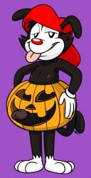 2021 animaniacs annie-mae anthro balls black_body black_fur clothing digital_media_(artwork) erection food fruit fur genitals gloves half-closed_eyes handwear hat headgear headwear hi_res humanoid_genitalia humanoid_penis inkblot jack-o'-lantern looking_at_viewer male mammal mostly_nude narrowed_eyes nipples penis plant pumpkin simple_background solo tongue tongue_out wakko_warner warner_brothers