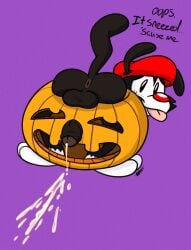 2021 animaniacs annie-mae anthro anus ass backsack balls black_body black_fur blush bodily_fluids clothing cum cum_on_ground dialogue digital_media_(artwork) food foreskin fruit fur genital_fluids genitals hat headgear headwear humanoid_genitalia humanoid_penis inkblot jack-o'-lantern looking_back male mammal mostly_nude penis plant pumpkin raised_tail simple_background solo text tongue tongue_out wakko_warner warner_brothers