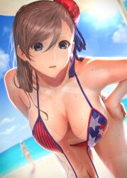 american_flag american_flag_bikini bare_shoulders beach bent_over big_breasts bikini blue_eyes dangling_breasts fate/grand_order fate_(series) hand_on_hip hand_on_thigh large_breasts looking_at_viewer miyamoto_musashi_(fate) miyamoto_musashi_(swimsuit_berserker) mugetsu2501 ribbon sweat tanned tanned_skin untied untied_bikini white_hair worried