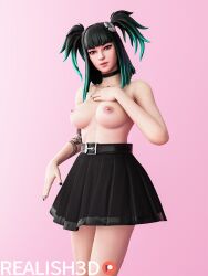 3d black_collar black_nails black_skirt breasts breasts breasts charlotte_(fortnite) collar eyebrows eyelashes eyeshadow female female_only fortnite fortnite:_battle_royale hand_on_breast human looking_at_viewer nail_polish nipples pale-skinned_female pale_skin posing realish3d red_eyes skirt solo solo_female straight tattoo twintails two_tone_hair