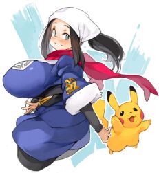 akari_(pokemon) alternate_breast_size black_hair huge_breasts nintendo pikachu pokemon pokemon_legends:_arceus ponytail sachito scarf thick_thighs venus_body voluptuous