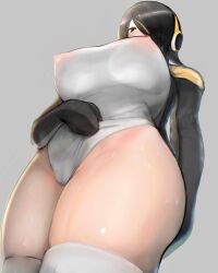 absurdres arm_behind_back bangs black_eyes black_hair breasts cameltoe clothes_lift covered_nipples cowboy_shot emperor_penguin_(kemono_friends) erect_nipples eyebrows_visible_through_hair female from_below groin hair_over_one_eye headphones highleg highleg_leotard highres huge_breasts jacket kemono_friends kneehighs leotard lifted_by_self long_sleeves looking_at_viewer looking_down medium_hair multicolored_hair nipple_bulge open_clothes open_jacket red_hair shibori_kasu solo streaked_hair sweat two-tone_hair