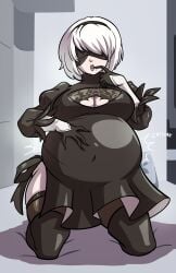 1girls axel-rosered bbw belly belly_expansion belly_inflation big_belly big_breasts blindfold breasts chubby chubby_female clothing fat fat_female fat_fetish fat_girl fat_woman female female_only hairband huge_belly huge_breasts inflation larger_female light-skinned_female light_skin nier nier:_automata onomatopoeia solo thighhighs tight_clothing white_hair yorha_2b