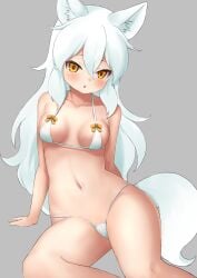 :o absurdres animal_ear_fluff animal_ears arctic_fox_(kemono_friends) arm_behind_back arm_support bangs bikini blush bow breasts collarbone commentary deku_suke eyebrows_visible_through_hair feet_out_of_frame female female fox_ears fox_girl fox_tail grey_background groin hair_between_eyes highres kemono_friends leaning_back leaning_to_the_side long_hair looking_at_viewer micro_bikini navel orange_eyes parted_lips shiny shiny_skin simple_background sitting small_breasts solo stomach swimsuit tail white_bikini white_hair yellow_bow