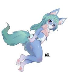 animal_ear_fluff animal_ears anthro ass barefoot black_skirt blue_eyes blue_hair breasts censored costom10 feet female fox_ears fox_girl fox_tail from_behind full_body furry furry_female grey_shirt legs long_hair looking_at_viewer looking_back microskirt midriff mosaic_censoring no_humans no_panties original pussy shirt short_sleeves simple_background skirt small_breasts smile soles solo tail thighs toes white_background