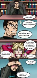 1boy 1girls balalaika black_lagoon blonde_hair blowjob boris_(black_lagoon) business_suit comic dialogue english_text fellatio hearts lipstick long_hair oral oral_sex talking_to_another terminator_lion under_the_table