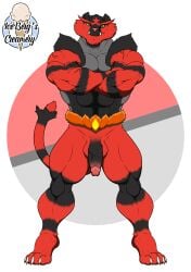 1ceberg absurd_res anthro balls bara claws crossed_arms erection fangs felid genitals hi_res incineroar looking_at_viewer male male_only mammal muscular muscular_male nintendo nude pecs pokémon_(species) pokemon red_body smile smirk solo spread_legs spreading standing video_games