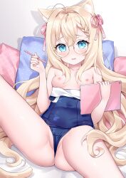 animal_ear_fluff animal_ears bangs blonde_hair blue_eyes blue_swimsuit blush breasts cat_ears cat_girl cat_tail clothes_pull eyebrows_visible_through_hair female female gloves hair_between_eyes hands_up highres holding holding_pen long_hair looking_at_viewer nami_(nyaa) nipples old_school_swimsuit one-piece_swimsuit original parted_lips pen pillow round_eyewear school_swimsuit sitting small_breasts solo spread_legs swimsuit swimsuit_pull tablet_pc tail tears very_long_hair wavy_mouth