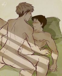 2boys anal_sex ass attack_on_titan brunet closed_eyes freckles gay gay_sex jean_kirstein male_only marco_bodt missionary_position naked on_bed shingeki_no_kyojin