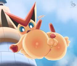 absurd_res anus ass balls balls_blush big_butt blush bodily_fluids body_blush cloud fangs feral flying foreskin fur furry furry_only genitals hi_res legendary_pokémon looking_at_viewer looking_down low-angle_view male male_only nintendo penis pokémon_(species) pokemon solo sunny sweat sweaty_balls sweaty_butt sweaty_genitalia text thatphatbun victini video_games