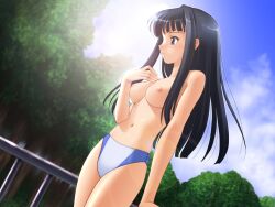 aoyama_motoko bangs bikini bikini_bottom_only black_hair blue_eyes blunt_bangs breasts dutch_angle female female long_hair love_hina medium_breasts navel nipples non-web_source parted_lips railing sidelocks solo swimsuit tadano_akira topless