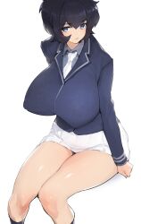 big_breasts black_hair blue_eyes curvy cute getter_robo getter_robo_devolution looking_at_viewer miniskirt nipple_bulge rule_63 ryoma_nagare school_uniform schoolgirl short_hair sitting socks thick_thighs thirty_8ght wide_hips