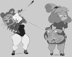 !! animal_crossing anthro ass bell big_breasts blush bubble_butt dog_ears english_text female genitals heels hi_res huge_butt isabelle_(animal_crossing) labelle_able large_ass looking_back nintendo paper purple_yoshi_draws shortstack think_fast_chucklenuts tight_clothing