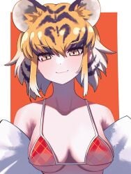 animal_ear_fluff animal_ears bengal_tiger_(kemono_friends) black_hair blonde_hair blush collarbone commentary female highres kemono_friends light_blush looking_at_viewer oerba_yun_fang red_swimsuit short_hair smile solo swimsuit tiger_ears undressing upper_body uumi_hinata white_hair year_of_the_tiger yellow_eyes