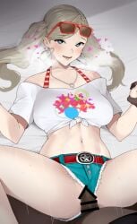 1boy ann_takamaki blonde_hair blue_eyes blush censored clothed_sex clothing_aside commission cutoffs dark-skinned_male dark_skin earrings erection eyewear_on_head female halter_top halterneck heart heart-shaped_pupils heart_earrings highres holding_hands interlocked_fingers interracial jewelry long_hair looking_at_viewer lying male_pubic_hair midriff missionary motion_lines navel on_back penis persona persona_5 persona_5_scramble:_the_phantom_strikers pixiv_request pubic_hair red-framed_eyewear revision rinrin_(user_tvcf4347) sex shirt short_shorts short_sleeves shorts shorts_aside solo_focus spread_legs straight sunglasses sweat symbol-shaped_pupils tied_shirt twintails upshorts white_shirt