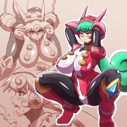 big_breasts big_thighs blue_eyes blush marino mega_man mega_man_x mega_man_x_dive noburockman pink_armor restrained