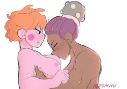 2girls bea_(brawl_stars) brawl_stars dsmnup female lesbian multiple_girls orange_hair purple_hair rosa_(brawl_stars) sucking_nipples yuri