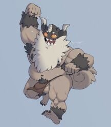 2022 anthro armpit_hair balls belly body_hair bottomwear clothing genitals hi_res loincloth male metasighty moobs navel nintendo nipples overweight overweight_male penis perrserker pokémon_(species) pokemon simple_background solo solo_male video_games