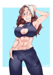 1futa abs balls big_breasts big_penis black_bra black_pants blue_eyes boob_window bra breasts brown_hair bulge cleavage clothed clothing elisia_oc erection erection_under_clothes fully_clothed futa_only futanari gym_clothes gym_clothing human large_penis leggings light-skinned_futanari light_skin long_hair masturbation muscular_futanari nei019 pale_skin penis penis_under_clothes penis_under_leggings signature simple_background smile solo solo_futa sweat towel_on_head yoga_pants