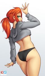 1girls ass big_ass black_panties clothed clothing female_focus female_only green_eyes grey_background hi_res long_hair looking_at_viewer looking_back nortuet nortuet_universe original ponytail pose red_hair revealing_clothes simple_background smile solo sweater tara_(nortuet) underwear watermark wide_hips