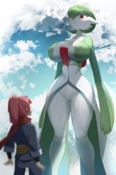 1boy 1girls 2022 alpha_pokémon alternate_hair_color anthro athletic_female bottomless breasts chest_spike erect_nipples female female_only gardevoir green height_difference hi_res hips huge_breasts long_hair nintendo nipples outdoors pink_hair png pokémon_(species) pokemon pokemon_(species) pokemon_legends:_arceus ponytail puffy_nipples red_eyes rei_(pokemon) short_hair sinensian size_difference slim_waist thick_thighs thighs white_body white_skin wide_hips